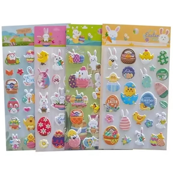 Jiibva 4Pcs 3D Stickers DIY Puffy Easter Cute Stickers Cartoon Bubble Party Sticker Gift For Happy Easter Activity Party Decor Supplies