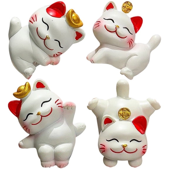 Jiibva 4Pcs Mini Lucky Cat Resin Decorative Figurine, Feng Shui Bookcase Table Decor, 1 Set