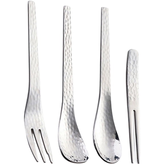 Jiibva 4Pcs Silver Hammered Stainless Steel Cutlery Set Flatware Sets Dessert Dinner Tableware