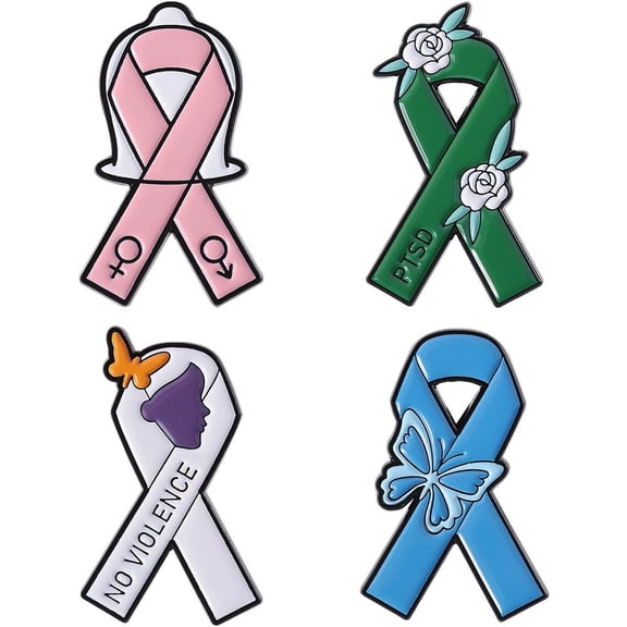 Jiibva 4pcs Ribbon Pins Mental Health Awareness Badges PTSD No Violence Awareness Ribbon Brooches Lapel Pins for Clothes Jacket Bag Jewelry