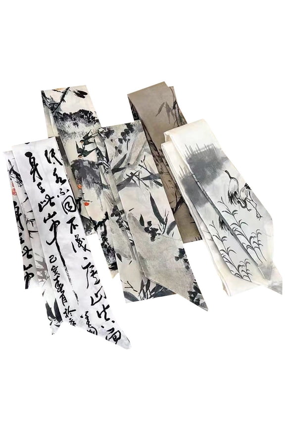 5 Pcs Silk Scarves for Women Narrow Long Neckerchief Chinese Style Printed Artistic Thin Scarf Hair Tie Headdress Hair Scarf Handbag Handle Ribbon