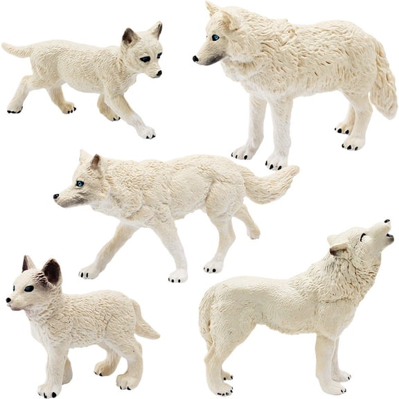 Jiibva 5 Pcs Wolf Figurines Wild Life Jungle Animal Model Figures Arctic Wolf Figurines Toys Desktop Decor Ornament Birthday Party Favors Cake Topper Gift