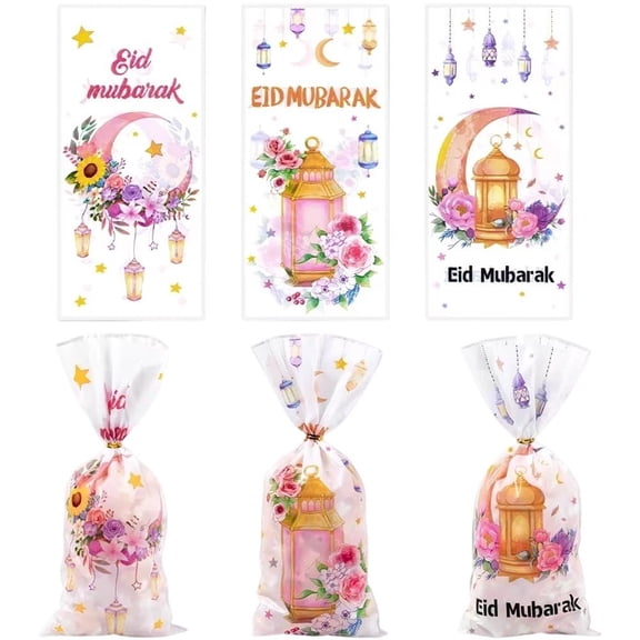 Jiibva 50 Pcs Ramadan Kareem Gift Bags, Watercolor Moon Flower Print Eid Theme Mixed Plastic Goodie Candy Bags Snack Pouch for Muslim Islamic Party Favor Gifts