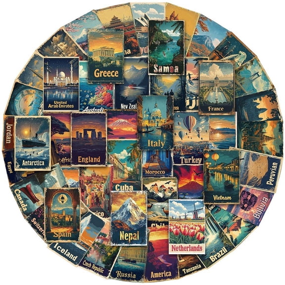 Jiibva 50Pcs Vintage 1950s Travel Poster Waterproof PVC Stickers for Scrapbook Laptop Luggage
