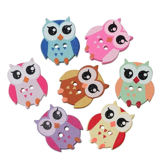 Jiibva 50pcs 18mm Mini Cartoon Owl Wooden Buttons 2 Holes Sewing Crafting Scrapbooking Flatback Buttons(Mix Color)
