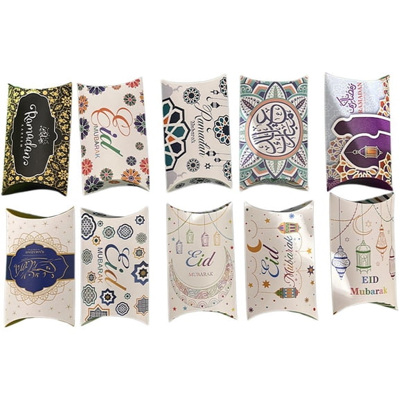 Jiibva 50pcs Ramadan Mubarak Gift Boxes, Pillow Shape Eid Favour Boxes Treat Bags Boxes for Islamic Muslim Party Gifts Candy Chocolate Paper Boxes Decorations
