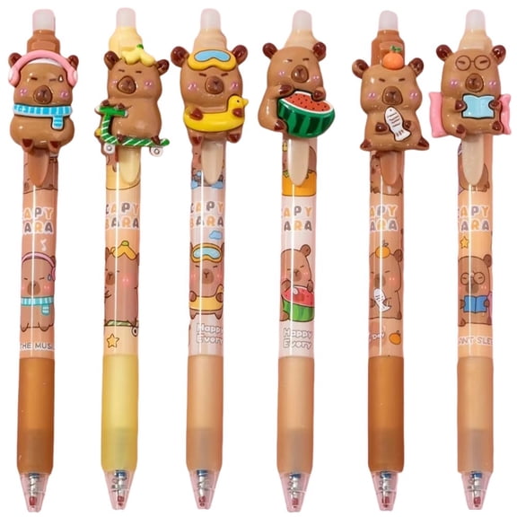 Jiibva 6pcs Capybara Retractable Gel Pens, 0.5mm Erasable Pens Set, Cute Capybara Gel Ink Pen For Teachers Office Workers Animal Lovers