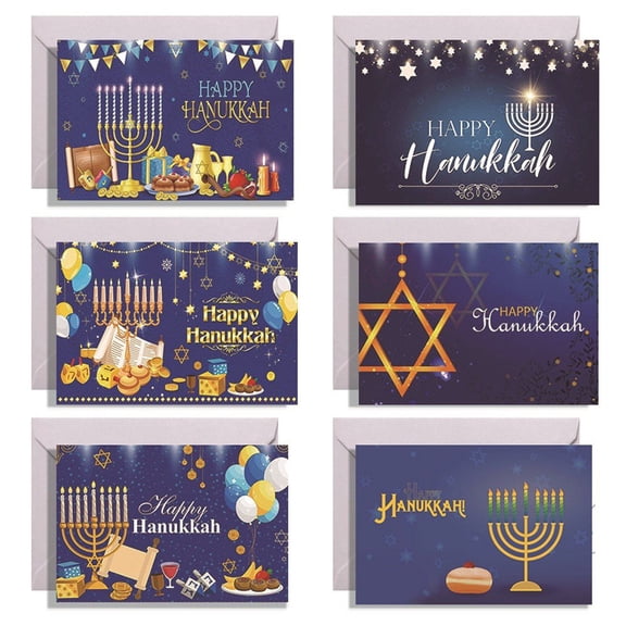 Jiibva 6pcs Happy Hanukkah Greeting Cards with Envelopes Set, Elegant Blue Menorah, Dreidel and Silver Coins Design for Religious Jewish