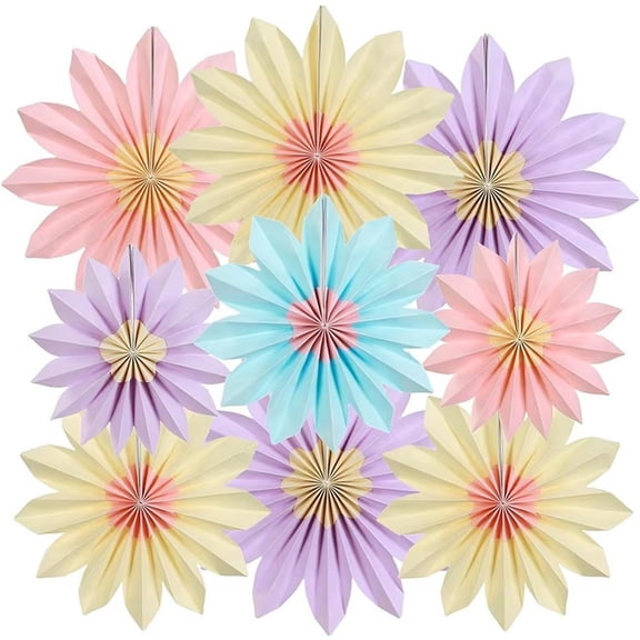 Jiibva 9 PCS Pastel Paper Flower & Sunflower Garland Decor Set, Paper Fans for Birthday & Garden Party Wall Backdrops