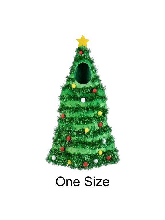 Adult Christmas Tree Costume Suit with Tinsel Trim & Multicolored Plush Balls