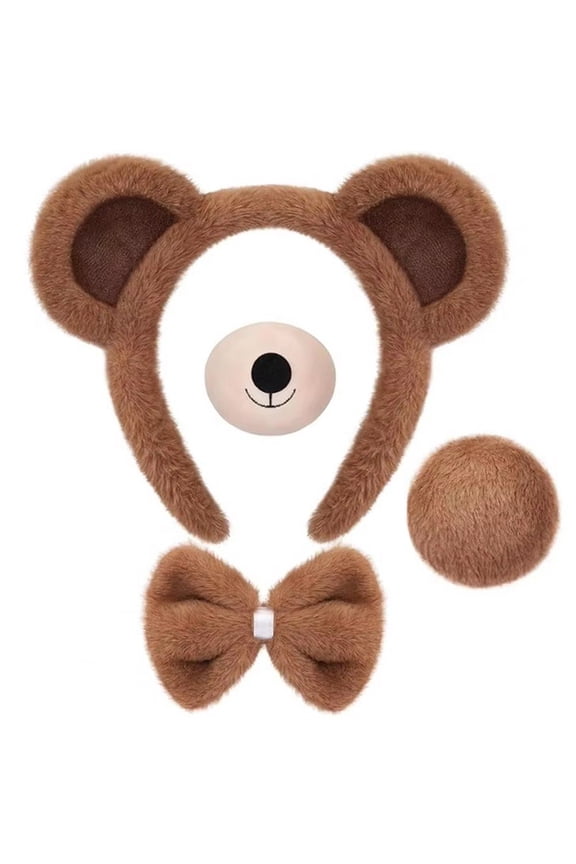 Animal Bear Headband Set with Tail Ear Headband Bow Tie And Nose Kids Plush Outfit for Halloween Christmas Party