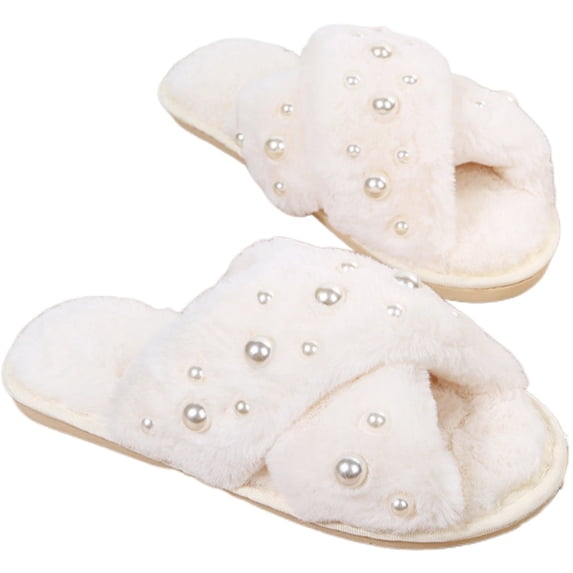 Jiibva Bride Slippers Pearl Slippers For Wedding Women Fuzzy Slippers Soft Bridesmaid Slippers For Wedding Bachelorette Party Supplies