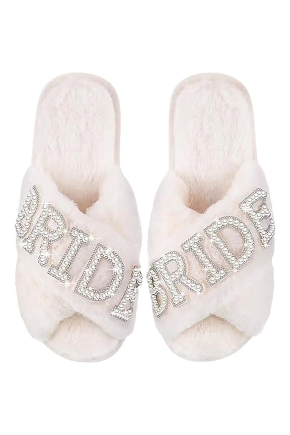 Bride Slippers Women's Fuzzy Cross Slippers Bride Wedding Slippers Gift Open Toe House Slipper Bedroom Shoe Indoor Outdoor