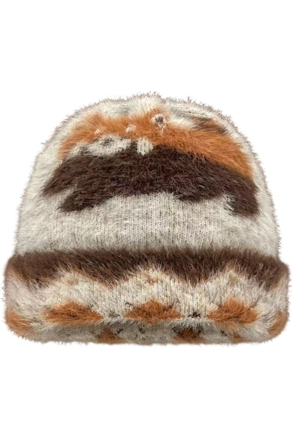 Cartoon Raccoon Beanie - Animal Jacquard Knit Hat with Faux Mink Fur , Winter Warm Ear Flap Skull Cap for Men Women