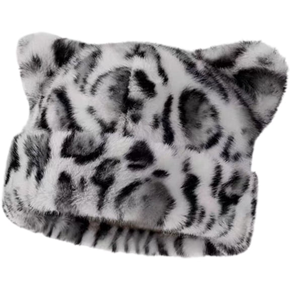 Jiibva Cat Ear Beanie For Women Fisherman Hat Ladies Bucket Hats Autumn Winter Fluffy Leopard Cap Hip Hop Beanie Hat Cat Ski Cap Ear Protection Hat
