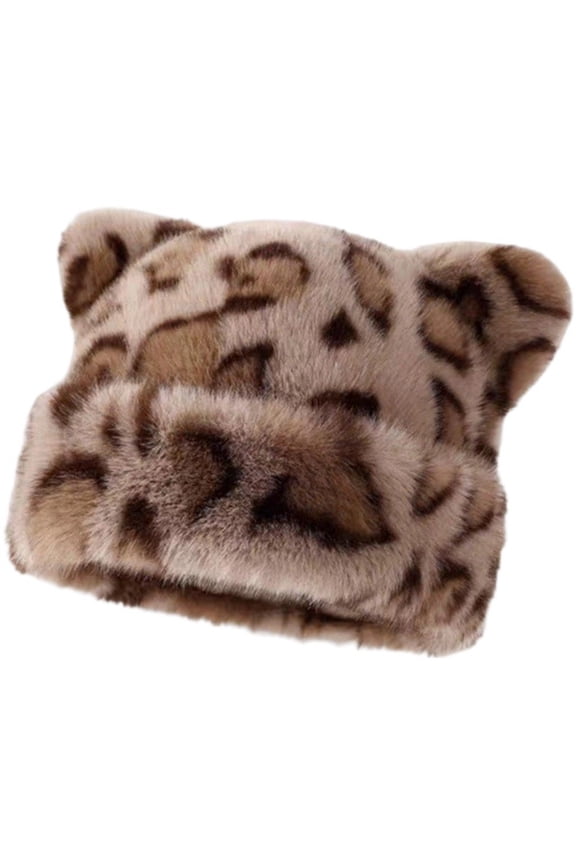 Cat Ear Beanie For Women Fisherman Hat Ladies Bucket Hats Autumn Winter Fluffy Leopard Cap Hip Hop Beanie Hat Cat Ski Cap Ear Protection Hat
