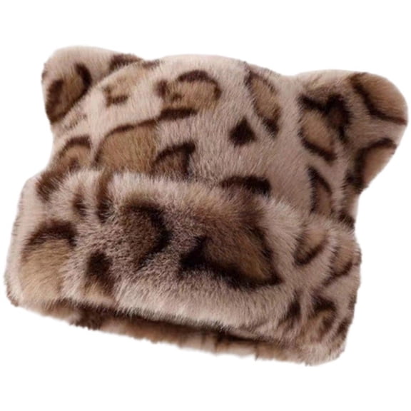 Jiibva Cat Ear Beanie For Women Fisherman Hat Ladies Bucket Hats Autumn Winter Fluffy Leopard Cap Hip Hop Beanie Hat Cat Ski Cap Ear Protection Hat