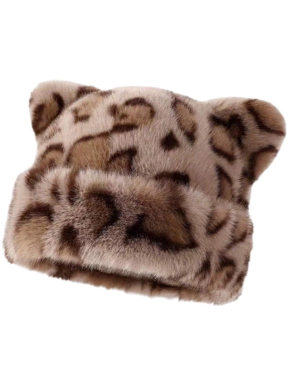 Cat Ear Beanie For Women Fisherman Hat Ladies Bucket Hats Autumn Winter Fluffy Leopard Cap Hip Hop Beanie Hat Cat Ski Cap Ear Protection Hat