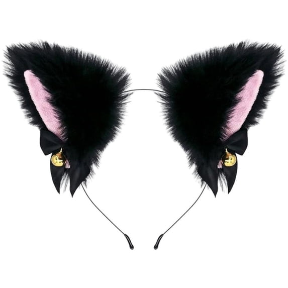 Jiibva Plush Black Cat Ear Headband with Bell - Furry Faux Fur Hairband for Parties & Daily Styling (4.72inch Elastic Size)