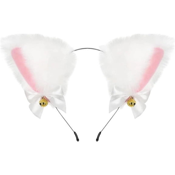 Jiibva Plush White Cat Ear Headband with Bell - Furry Faux Fur Hairband for Parties & Daily Styling (4.72inch Elastic Size)
