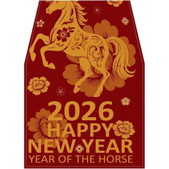 Jiibva Chinese New Year Table Runner Red Gold Horse Printed Table Runner Kitchen Dining Tablecloth for Chinese Lunar New Year Decor