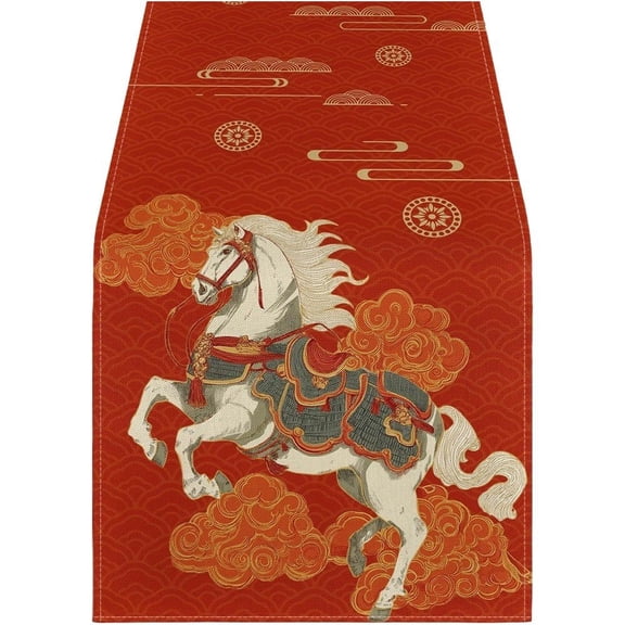 Jiibva Chinese Table Runner, Year of Horse 2026 Happy New Year Tablecloth Table Runner Lunar New Year Table Cover for Spring Festival Home Party Decoration