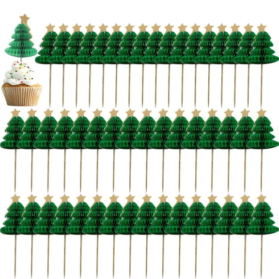 Jiibva Christmas Cupcake Toppers, 50 Pcs 3D Christmas Tree Cocktail Picks Appetizer Picks Toothpicks Skewers Sandwich Fruit Sticks Christmas Party Supplies