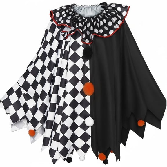 Jiibva Clown Costume Cloak Ruffled Collar Pom-Pom Accent Poncho Black 70cm