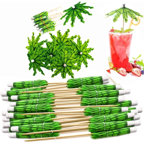 Jiibva Cocktail Picks 100PCS Green Tropical Coconut Palm Tree Toothpicks Summer Beach Party Drinks Umbrella Snack Fruit Picks