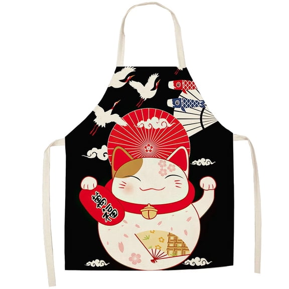 Jiibva Cotton And Linen Apron Japanese Cartoon Lucky Cat Cooking Sleeveless Bib Waterproof Anti-greasy Kitchen Supplies Chef Apron