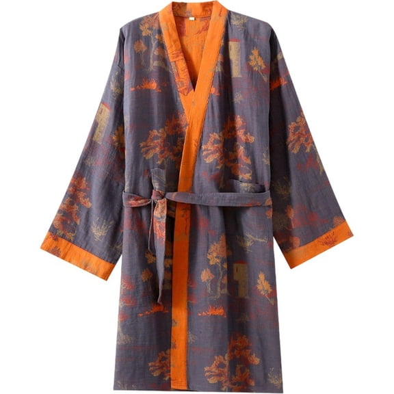 Jiibva Cotton Kimono Robes With Belt For Men, Jacquard Thin Printed Bathrobe Japanese Robes Pajamas Yukata Belted Robe for Home Casual Wear
