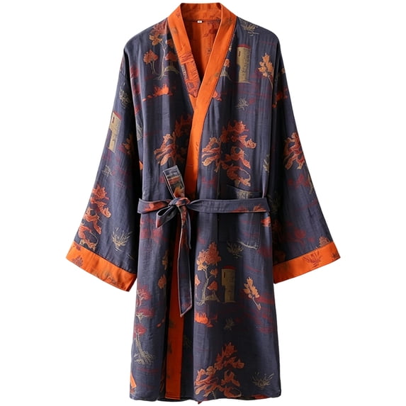 Jiibva Cotton Kimono Robes With Belt For Men, Jacquard Thin Printed Bathrobe Japanese Robes Pajamas Yukata Belted Robe for Home Casual Wear