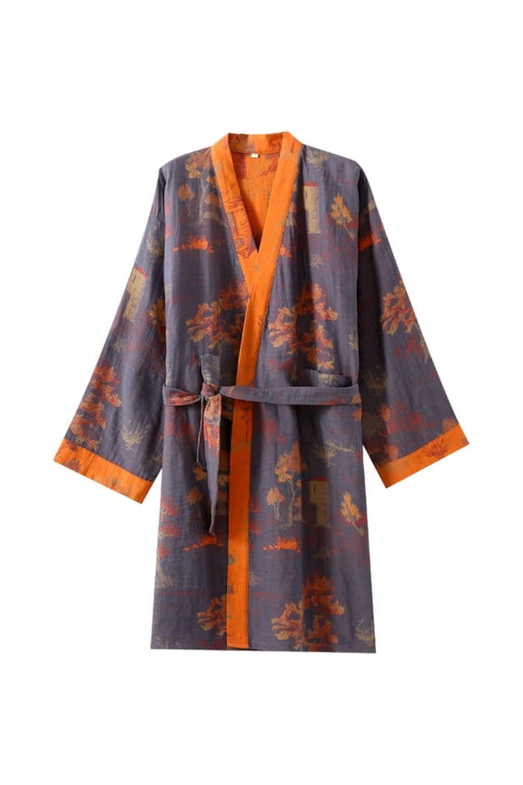 Cotton Kimono Robes With Belt For Men, Jacquard Thin Printed Bathrobe Japanese Robes Pajamas Yukata Belted Robe for Home Casual Wear