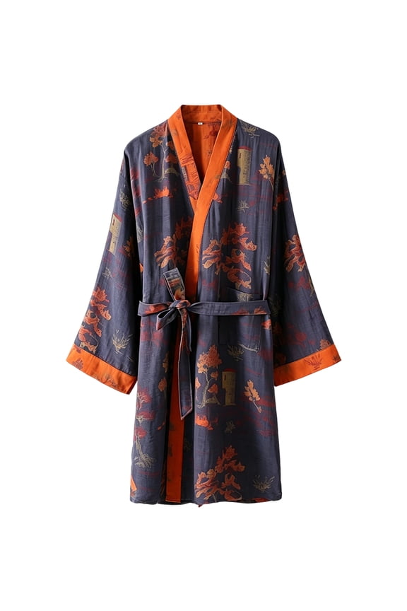 Cotton Kimono Robes With Belt For Men, Jacquard Thin Printed Bathrobe Japanese Robes Pajamas Yukata Belted Robe for Home Casual Wear