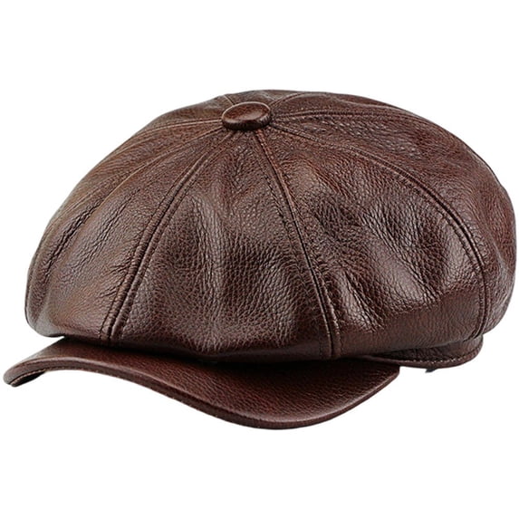 Jiibva Cowhide Leather Octagonal Hats British Berets Cap Vintage Newsie Hat Fashion Bakerboy Hat Retro Newsboy Hat for Men