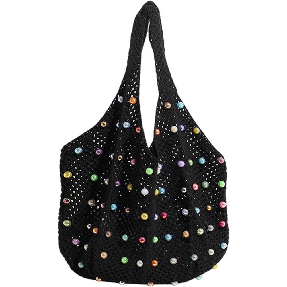 Jiibva Crochet Beach Bags Woven Travel Tote Boho Shoulder Bag Hollow Knitting Handbag Mesh Shoulder Bag Women Knitted Handbags for Holiday, Daily Work