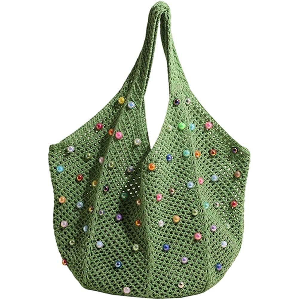 Jiibva Crochet Beach Bags Woven Travel Tote Boho Shoulder Bag Hollow Knitting Handbag Mesh Shoulder Bag Women Knitted Handbags for Holiday, Daily Work