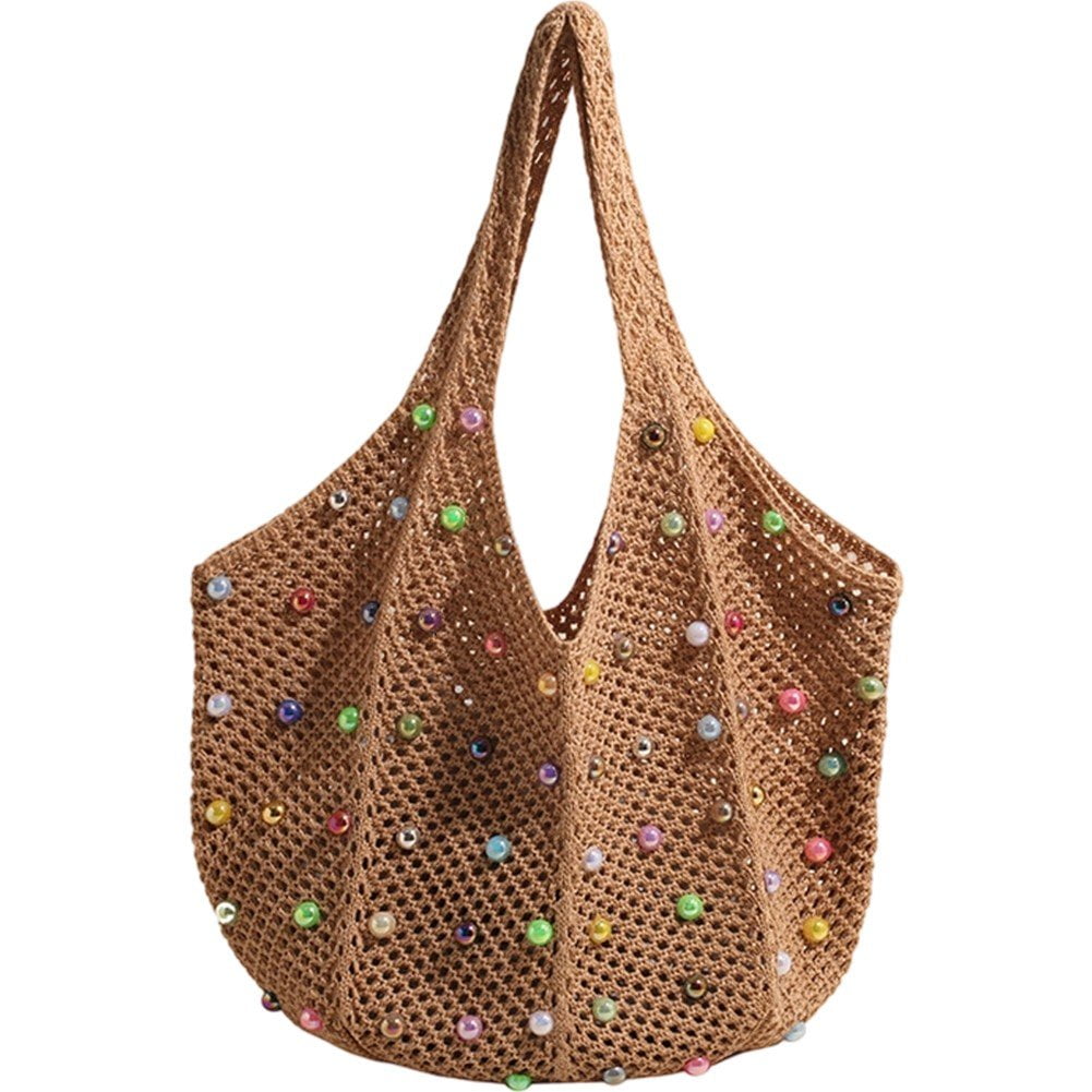 Jiibva Crochet Beach Bags Woven Travel Tote Boho Shoulder Bag Hollow Knitting Handbag Mesh Shoulder Bag Women Knitted Handbags for Holiday, Daily Work