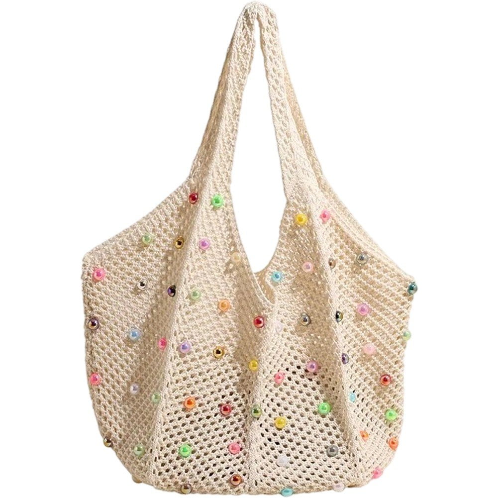Jiibva Crochet Beach Bags Woven Travel Tote Boho Shoulder Bag Hollow Knitting Handbag Mesh Shoulder Bag Women Knitted Handbags for Holiday, Daily Work
