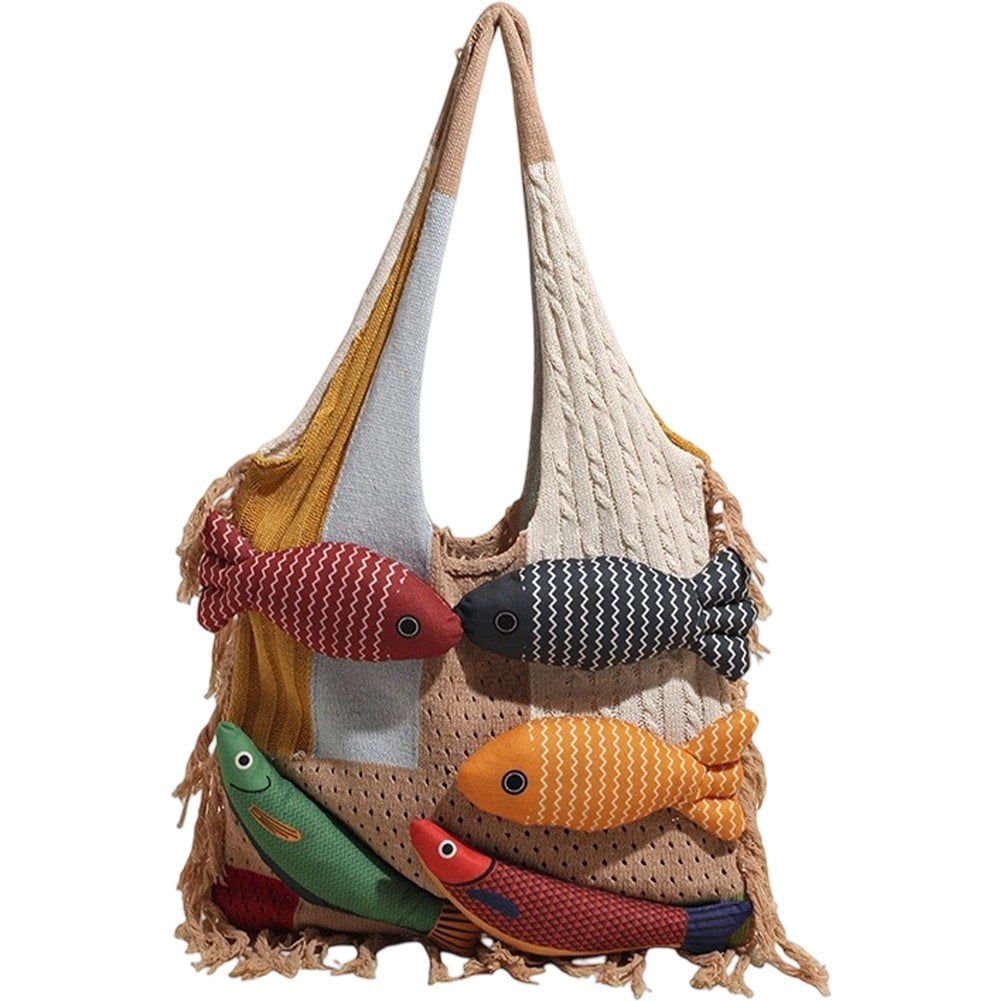 Jiibva Crochet Beach Shoulder Bag for Women Summer Tote handbags Shoulder Boho Bag with Handmade Fish for Summer Vacation