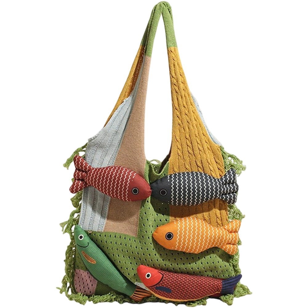 Jiibva Crochet Beach Shoulder Bag for Women Summer Tote handbags Shoulder Boho Bag with Handmade Fish for Summer Vacation