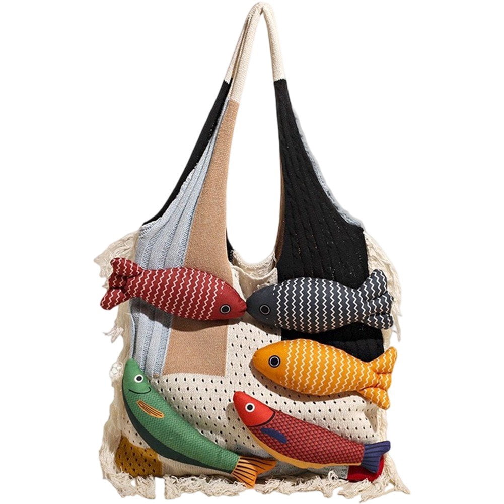 Jiibva Crochet Beach Shoulder Bag for Women Summer Tote handbags Shoulder Boho Bag with Handmade Fish for Summer Vacation