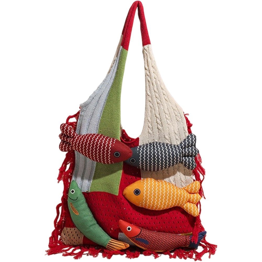 Jiibva Crochet Beach Shoulder Bag for Women Summer Tote handbags Shoulder Boho Bag with Handmade Fish for Summer Vacation