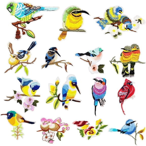 Jiibva Cute Birds Iron On Patches, 15Pcs Retro Embroidered Applique for Clothing Hat Bag Repair, Multicolor 9.35x7.6cm