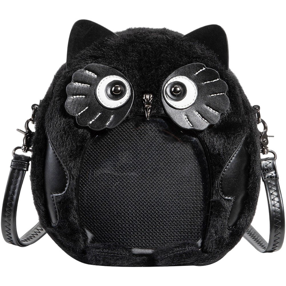 Jiibva Cute Black Owl Plush Ita Handbag Transparent Pin Display Crossbody Bag 1Pc