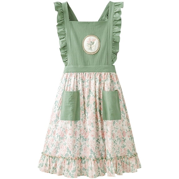 Jiibva Cute Floral Apron Kitchen Apron with Pocket Princess Cooking Apron Summer Thin Apron Cotton Breathable Chef Apron For Painting Baking,Gardening