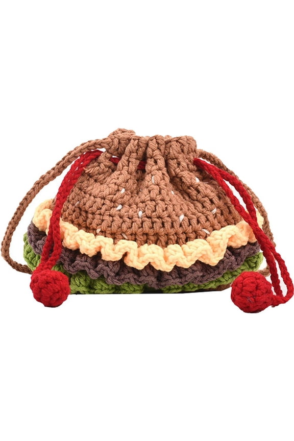 Cute Woven Hamburger Handbags Mini Drawstring Bag Handmade Crochet Crossbody Bag Knitting Shoulder Bags for Women