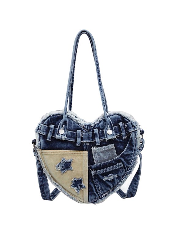 Denim Shoulder Bag for Women, Heart Shaped Messenger Bag with Zipper,Large Casual Patchwork Crossbody Handbag Denim Purse