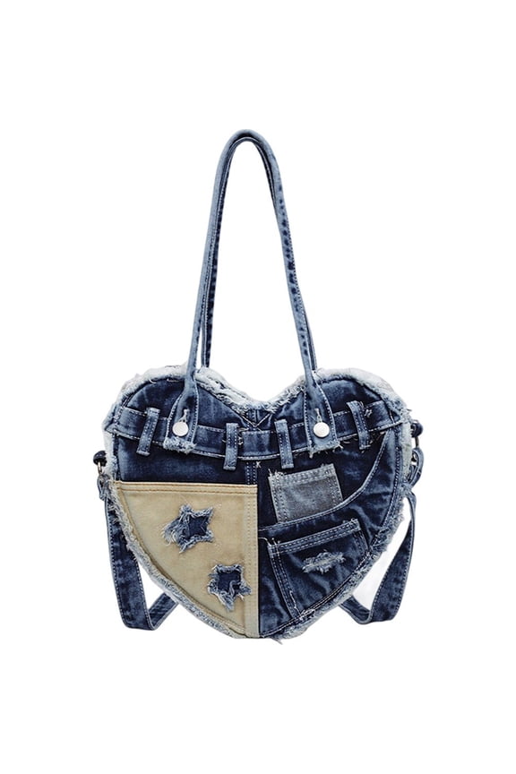 Denim Shoulder Bag for Women, Heart Shaped Messenger Bag with Zipper,Large Casual Patchwork Crossbody Handbag Denim Purse