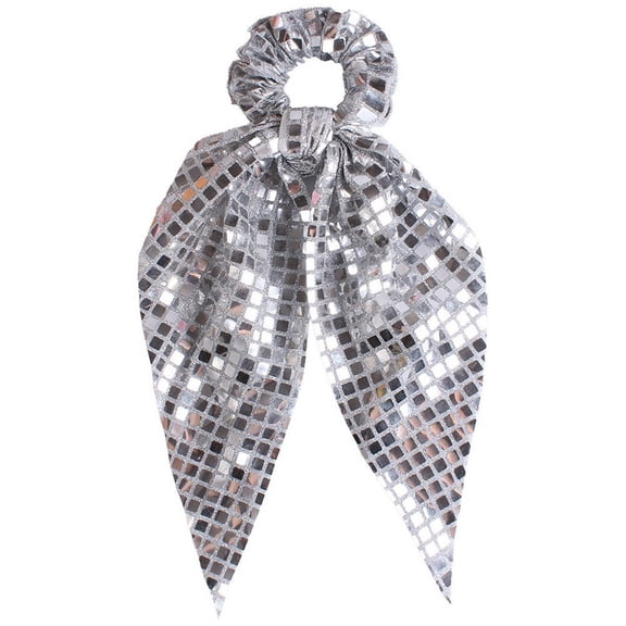 Jiibva Disco Ball Sequin Hair Scrunchies Christmas Disco Party Favors Decor Glitter Silver Hair Accessories Metallic Hair Bands with Bow for Women Retro 70s 80s 90s Bachelorette Bridal Shower